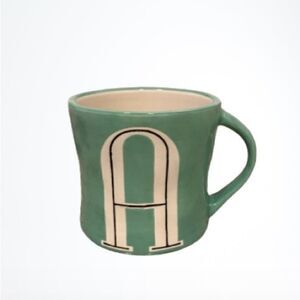 Anthropologie Hand Painted Letter A Monogram Green Ceramic Coffee Tea Mug